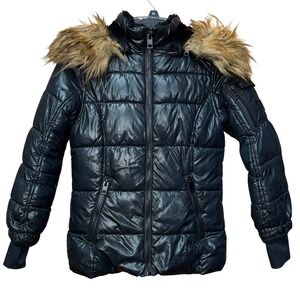 Diesel Girls Black Puffer Jacket Removable Faux Fur Hood Winter Coat Size 7 8
